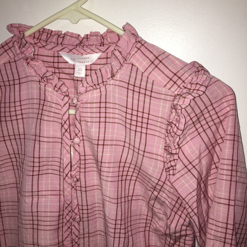 New LC Lauren Conrad Pink Plaid Ruffle 3/4 Sleeve Boho Peasant Top Woman Size XS